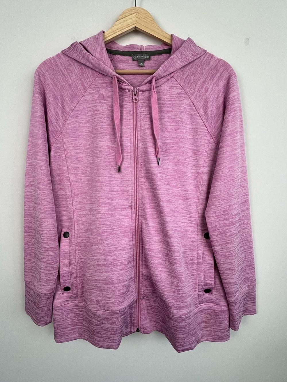 T by Talbots pink space dyed poly cotton full zip hoodie jacket, medium petite.